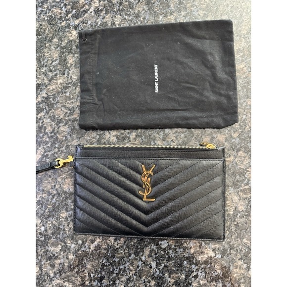 Saint Laurent Monogram Quilted Leather Clutch Ysl Black - Picture 1 of 8